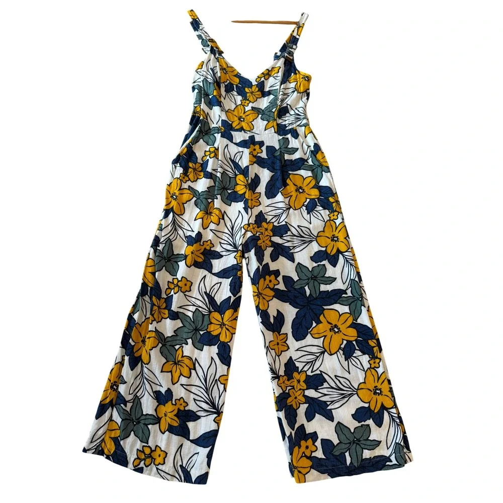 J.O.A. Los Angeles Floral Wide Leg Jumpsuit Small Yellow Navy Culotte Crop Lulus